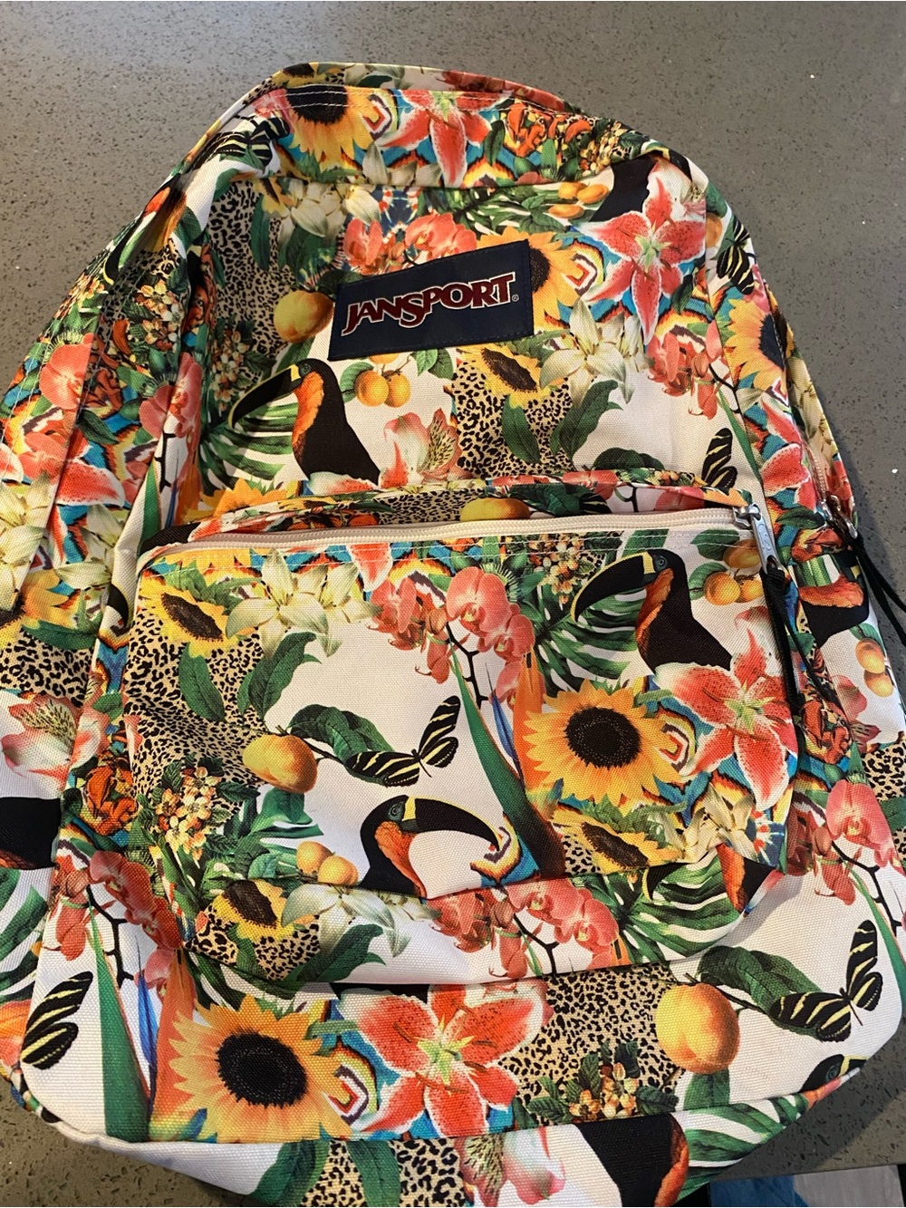 Jansport Floral Tropical Toucan Backpack - White, Yellow, Orange, Green, Black